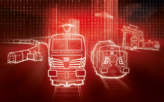 rotes schematisches Bild von Schienen und Güterwagons