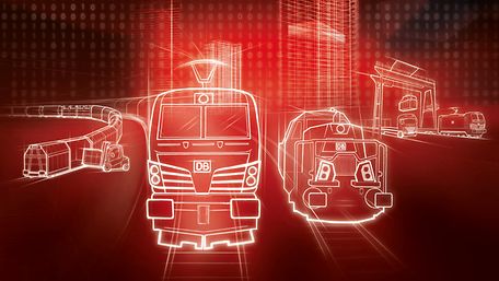 rotes schematisches Bild von Schienen und Güterwagons